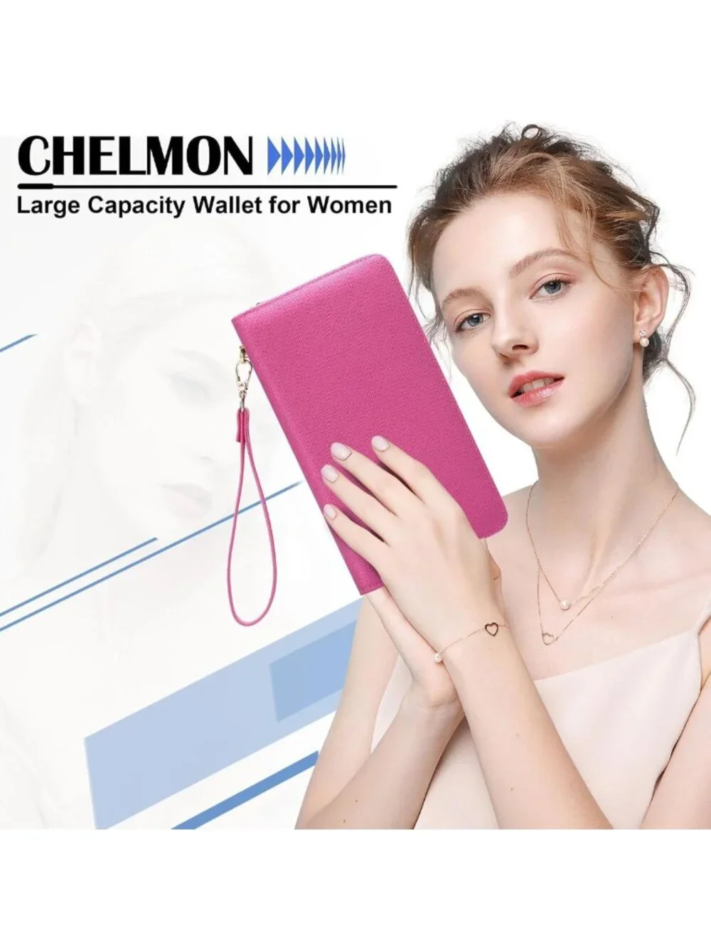 Vegan Leather Clutch Wallet for Women - Zip Closure, Hand Strap, Large Capacity